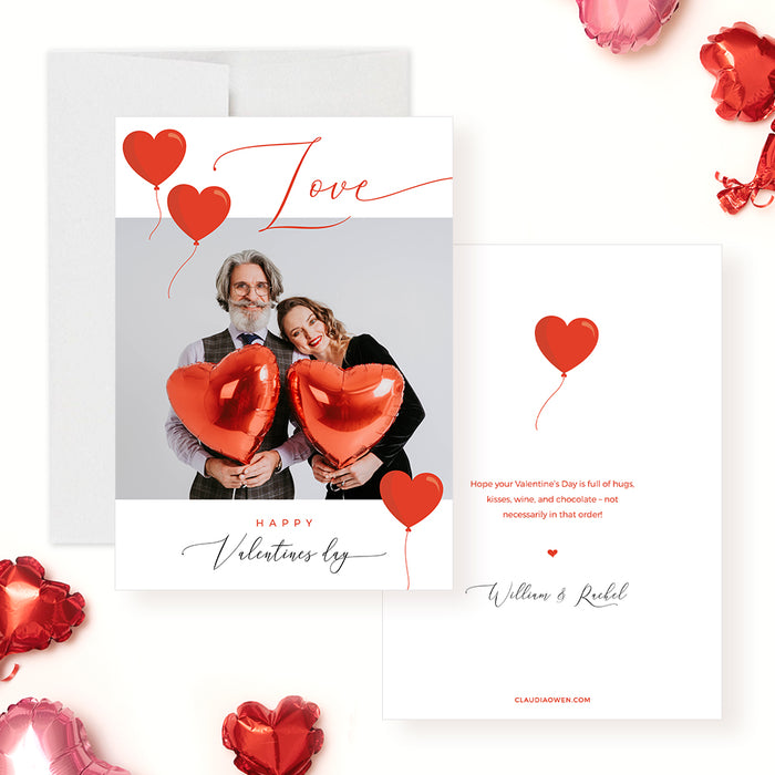 Happy Valentines Day Card with Photo Template, Valentines Greeting Card Instant Download, Couples Romantic Card, Family Photo Card with Balloon Love Hearts, Mothers Day Card