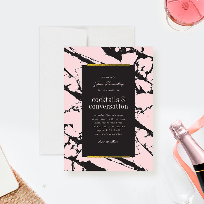 Cocktails and Conversation Printable Invitation, Corporate Party Template Invites in Black and Pink Marble, Business Happy Hour, 30th 40th 50th Birthday Invitation for Women