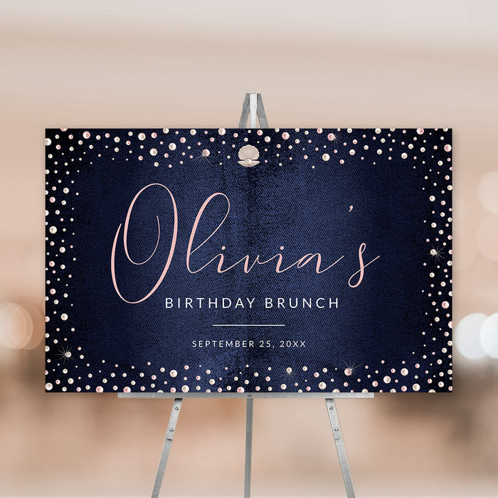Denim and Pearls Welcome Sign Template with Pink and White Pearls, Couples Shower Denim Theme Printable Sign, Blue Jeans Bling Birthday Digital Sign Instant Download