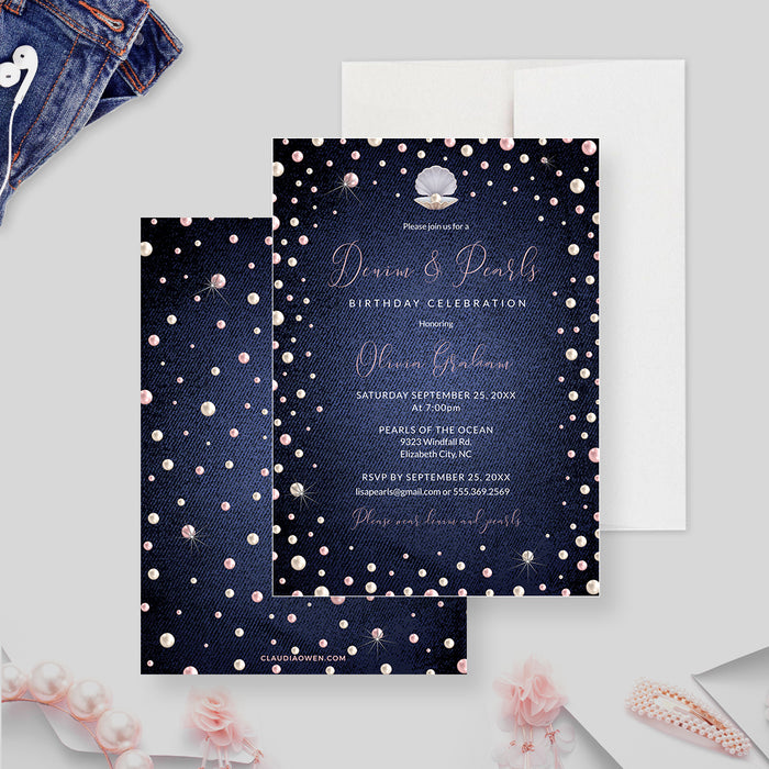 Denim and Pearls Invitation with Pink and White Pearls, Denim and Pearls Theme Birthday Invitation for Women, 21st 30th 40th 50th Blue Jeans Bling Birthday Invites Digital Download