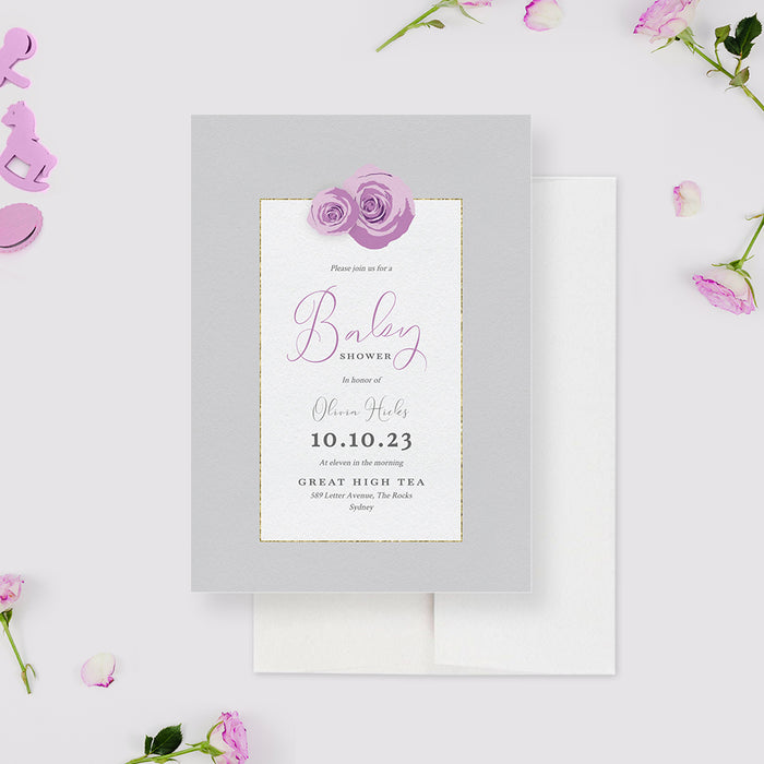 Floral Baby Shower Invitation Template, Feminine Floral Invites with Purple Roses, Oh Baby Girl Invites Digital Download, Spring Baby Shower, Baby in Bloom Brunch Invites