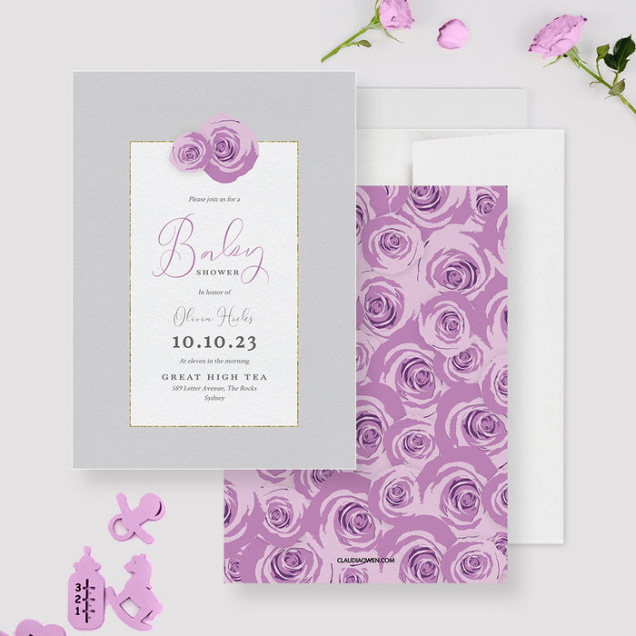 Floral Baby Shower Invitation Template, Feminine Floral Invites with Purple Roses, Oh Baby Girl Invites Digital Download, Spring Baby Shower, Baby in Bloom Brunch Invites