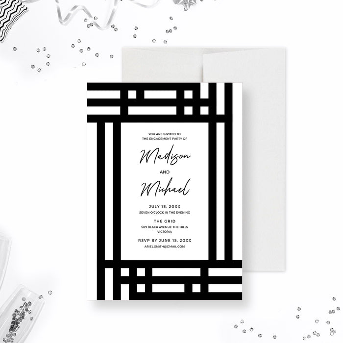 Black and White Wedding Engagement Party Invitation Template, Business Dinner Invitation with Geometric Pattern Design, Staff Appreciation Party, Professional Work Party