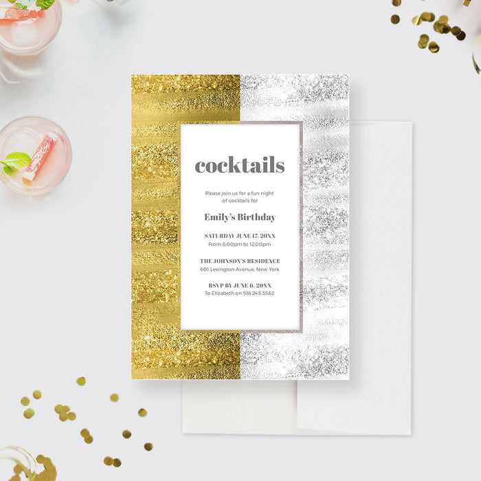 Elegant Cocktail Party Invitation Template, Gold and Silver Gala Night Corporate Business Event Digital Download Invites, 40th 50th 60th 70th Birthday Printable Invitation for Women