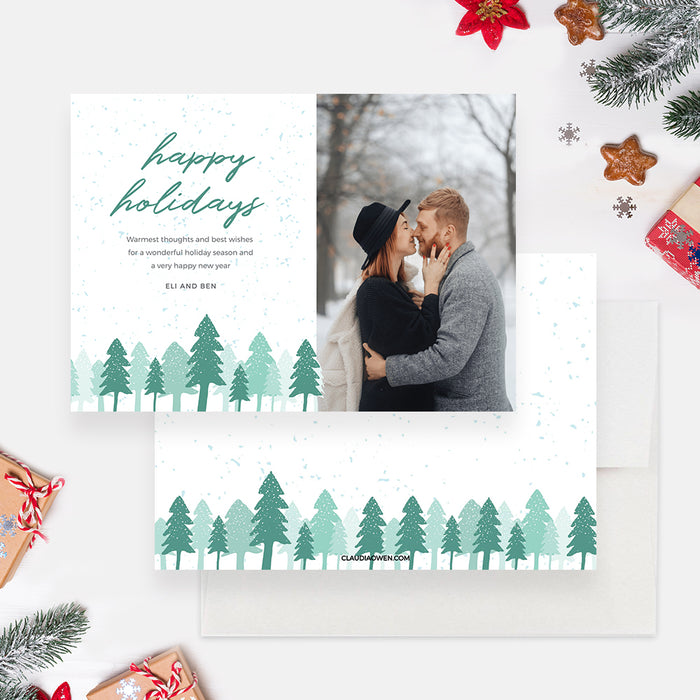 Happy Holidays Card with Photo Digital Download, Christmas Photo Card Template, Winter Holiday Card with Pine Trees, Merry Christmas Card Template, Editable Holiday Cards