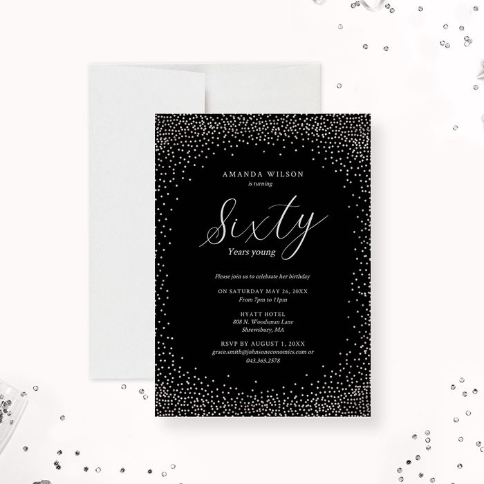 Elegant 60th Birthday Invitation Template, Sixty Years Young Sixtieth Birthday Invite Digital Download, Formal Business Anniversary in Black and Silver, Silver Anniversary Invites