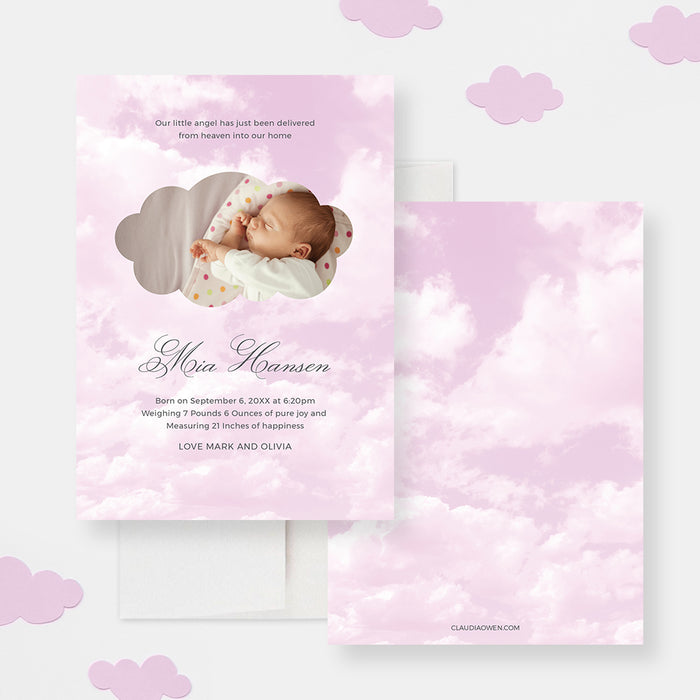 Baby Girl Photo Birth Announcement Card Template, Personalized Baby Arrival Announcement Digital Print, Newborn Announcement Cards Pink Clouds, Baby Reveal Printable Cards