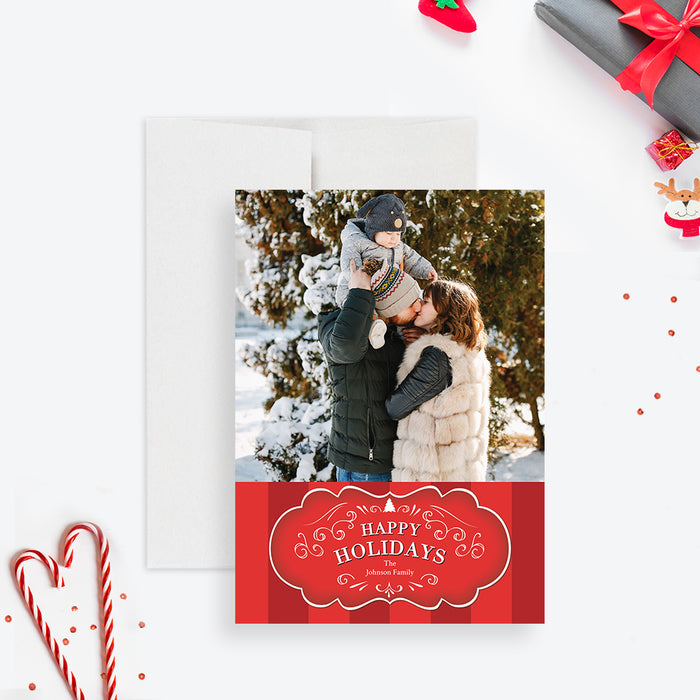Happy Holidays Cards with Photo, Family Holiday Card Digital Download, Personalized Greeting Card for the Holidays, Christmas Photo Card Template with Red Stripes