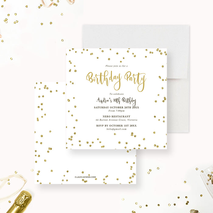 Elegant Birthday Party Invitation Template with Gold Sparkles, Formal Event Party with Gold Confetti, Digital Download, 30th 40th 50th 60th 70th 80th Birthday Invitation