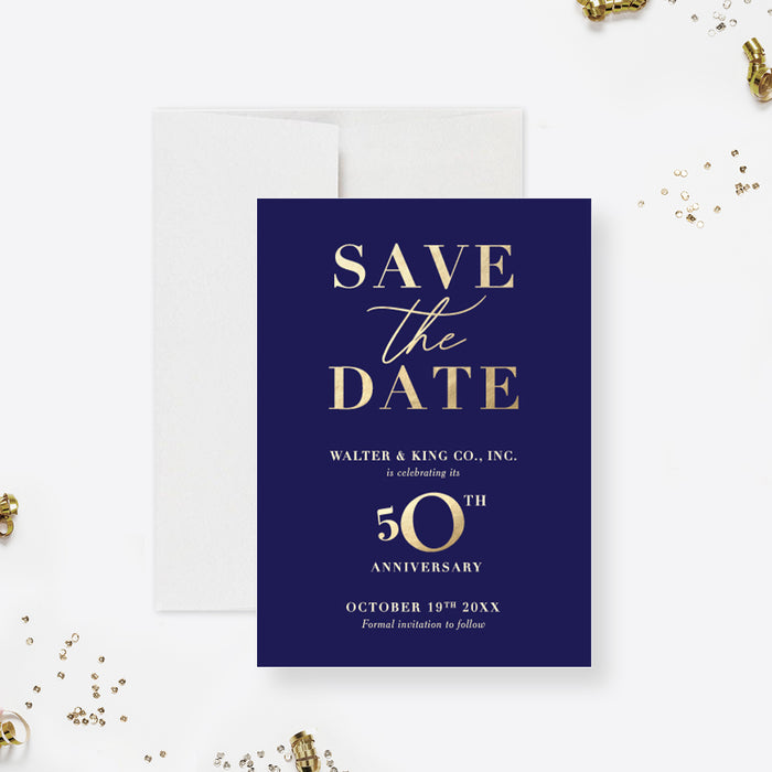 Save the Date Card for Business Anniversary, Custom 50th Wedding Anniversary Invites, Fiftieth Anniversary Dinner, Fifty 50 Years, Sapphire Blue