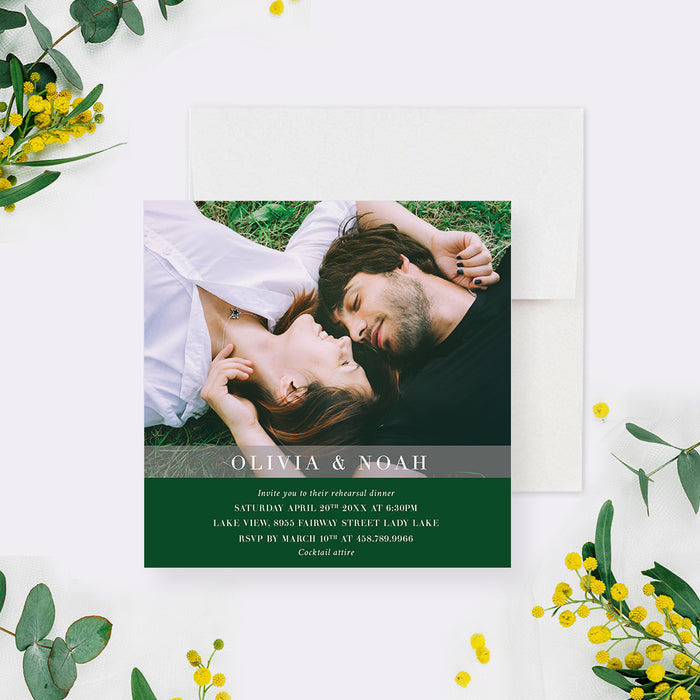 Minimalist Wedding Rehearsal Dinner Invitation in Emerald Green with Photo, Pre Wedding Dinner Invitation, Elegant Prenuptial Dinner Invites with Picture, Simple Rehearsal Dinner