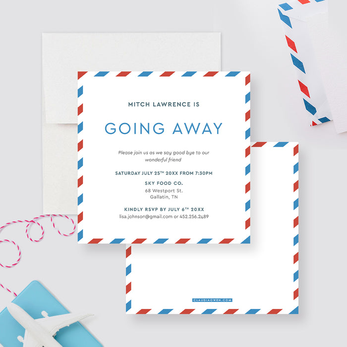Going Away Party Invitation with Airmail Red and Blue Stripes, Printed Invitations for Moving Away Party, Goodbye Party Invitation, Going Away Party Invitation, Goodbye Party