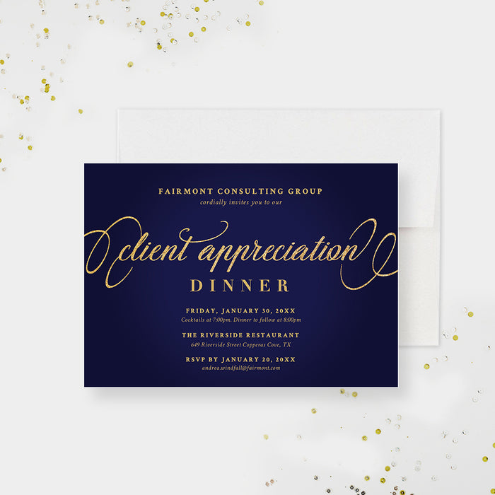 Client Appreciation Dinner Party Invitation, Blue and Gold