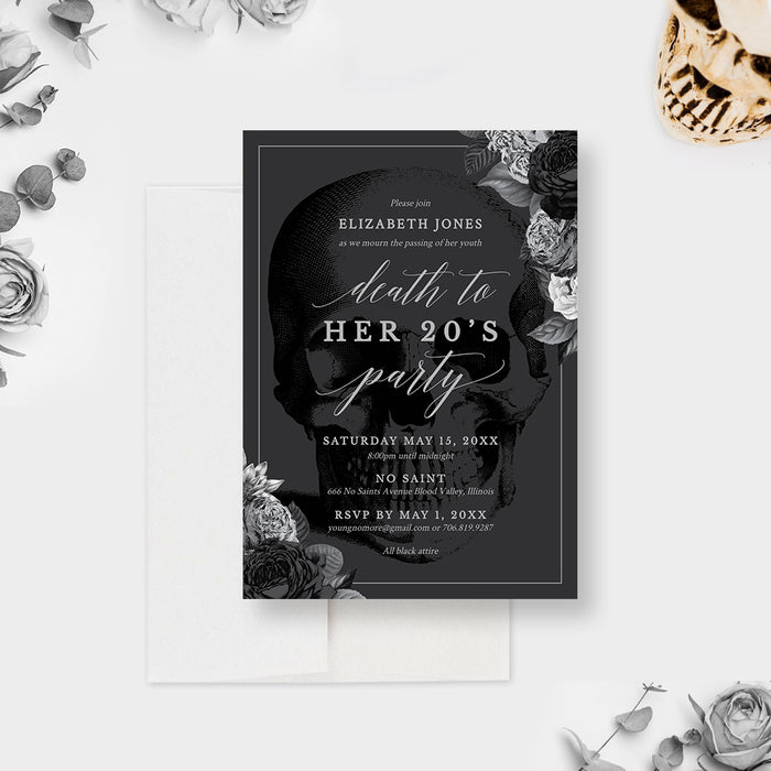 RIP Twenties Invitation, Death to My 20s Party Editable Template, Halloween 30th Birthday Digital Download, Skull With Gray Silver Flowers