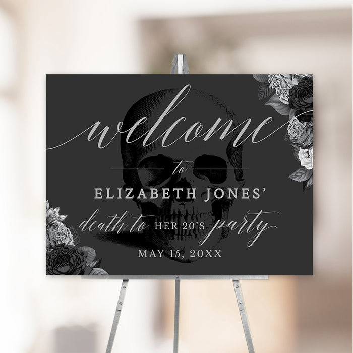 Welcome Sign Template with Black and Silver Flowers, Funeral for my Youth Welcome Event Sign, RIP 20s Door Sign, RIP 30s 40s 50s Custom Sign Digital Download, 30th Birthday Sign