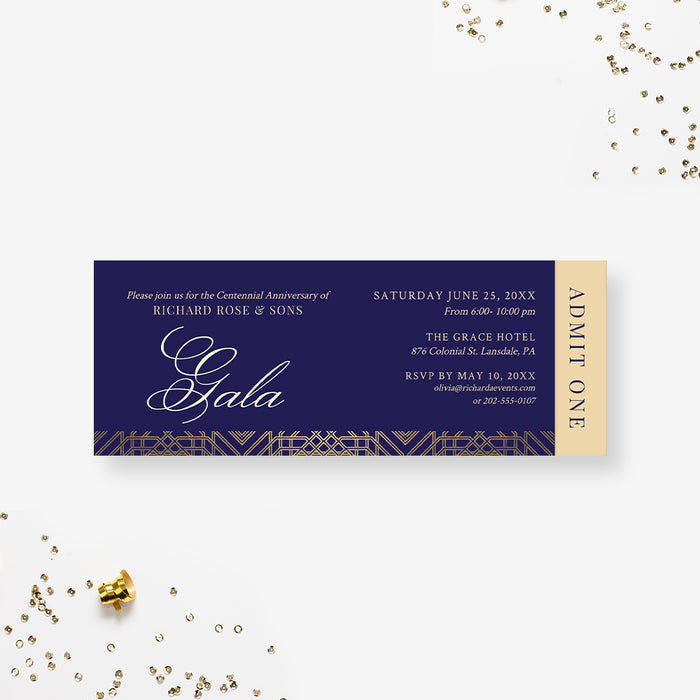 Centennial Anniversary Gala Ticket Template, Business Event Ticket in Blue and Gold, Admit One Printable Ticket, Admission Ticket Digital Download, Editable DIY Golden Ticket Invitation
