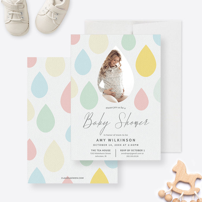 Photo Baby Shower Party Invitation Editable Template, Baby Boy Shower Invite Watercolor Raindrops Digital Download, Baby Girl Shower