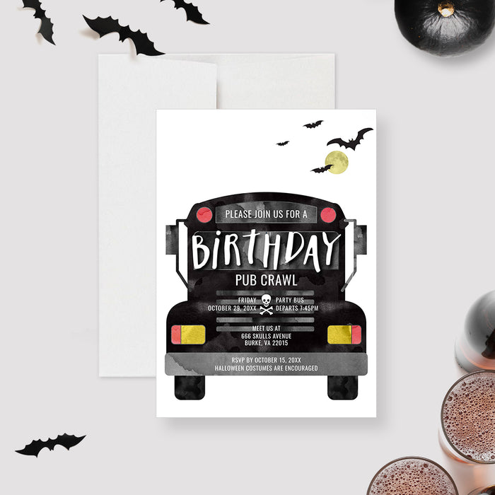 Halloween Birthday Party Bus Invitation Editable Template, October Birthday Pub Bar Crawl Instant Digital Download, Bar Hop Printable Card