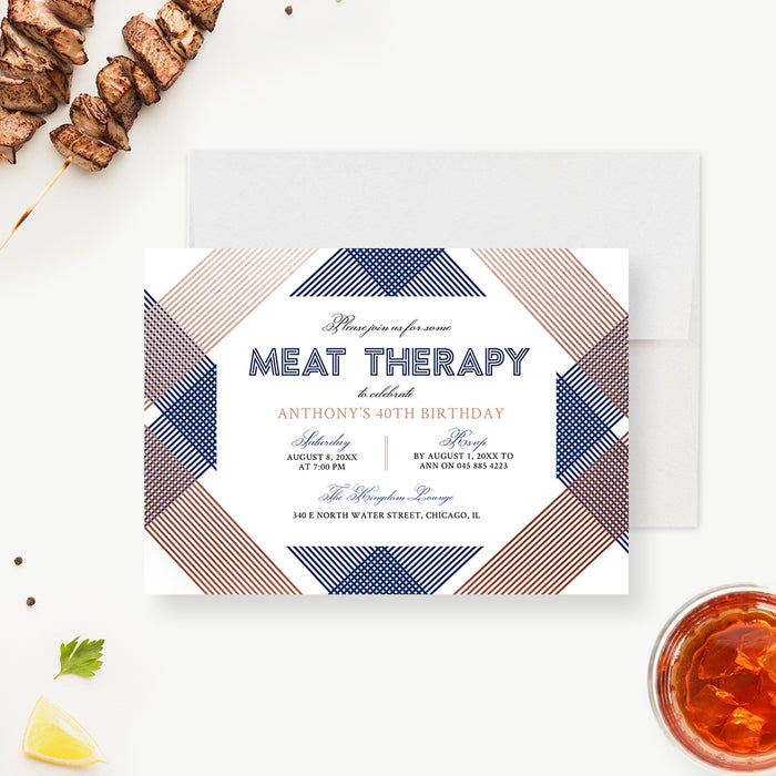 Mens Funny Birthday Party Printable Invitation, 30th 40th 50th Male Birthday Template, Meat Therapy Party Digital Download Invites