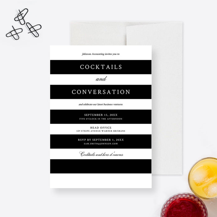 Business Cocktails and Conversation Invitation Editable Template, Corporate Work Printable Digital Download, Black and White Stripes