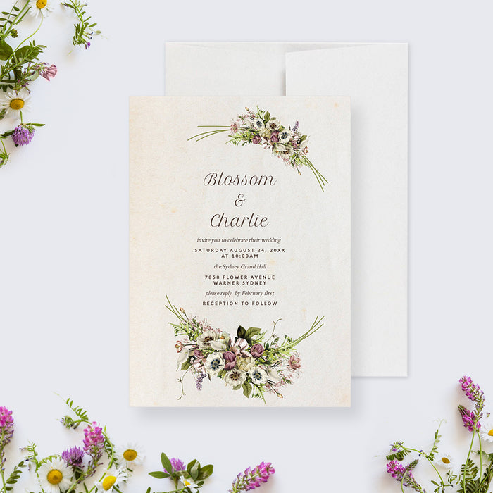 Vintage Flowers Wedding Invitation Editable Template, Elegant Garden Party Floral Invites Digital Download, Bridal Shower Vintage Flower