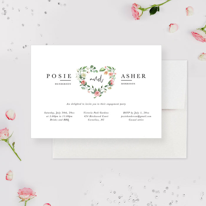 Spring Engagement Party Invitation, Personalized Greenery Anniversary Party Invite, Romantic Vow Renewal Invite Card, Floral Love Heart Garden Party Invites