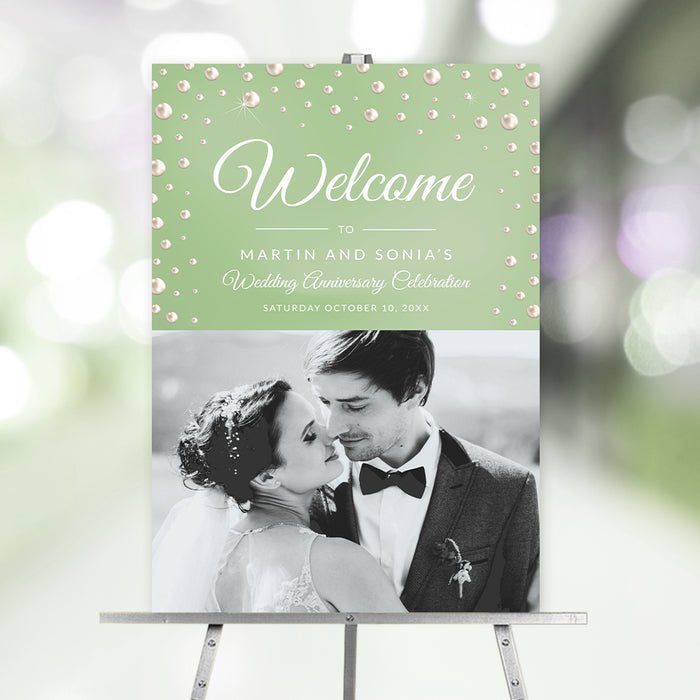 Pearl Wedding Anniversary Welcome Sign with Photo in Sage Green, Pearl Wedding Shower Welcome Board with Picture, 30th Wedding Anniversary Photo Template Sign