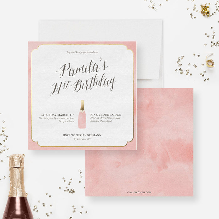 Champagne Birthday 18th 21st 30th Birthday Party Invitation Thank You Note, Pink Champagne Drinks Invites, Champagne Bridal Shower Party