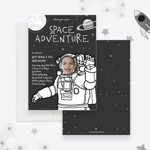 Space Adventure Birthday Party Invitation with Photo, Space Themed Birthday Invites, Boys and Girls Astronaut, Spacesuit Outer Space Party