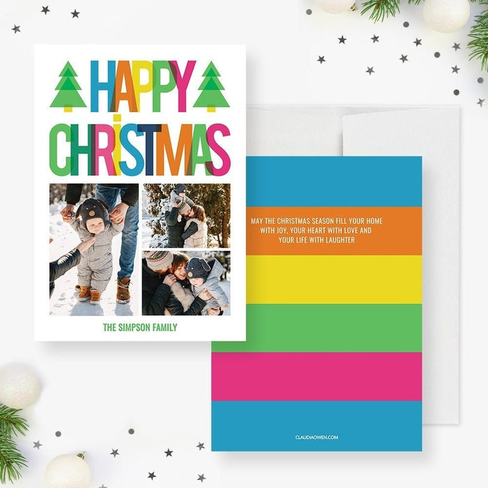 Colorful Happy Christmas Family Photo Card Editable Template, Bright Holiday Greeting Card Printable Digital Download, Holiday Cards