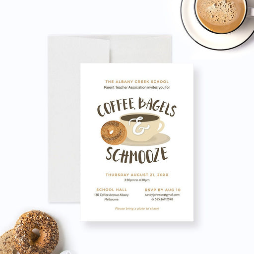 Coffee Bagels and Schmooze Party Invitation Editable Template, Breakfast Invites Printable Digital Download, Coffee Cup