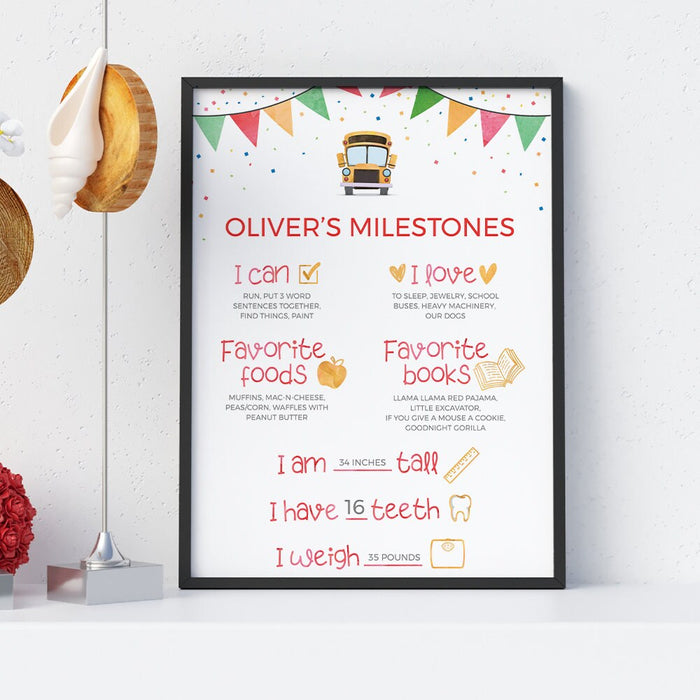 Baby Milestone Poster Template, School Bus Party Sign, Babys First Year Poster Digital Download, Printable Sign 20 x 30 Inches