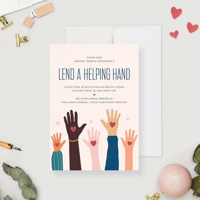 Lend a Helping Hand Unique Fundraiser Invitation, Charity Event Invitations with Hand Illustrations, Personalized Business Dinner Party Invite Card, Fundraising Night Event
