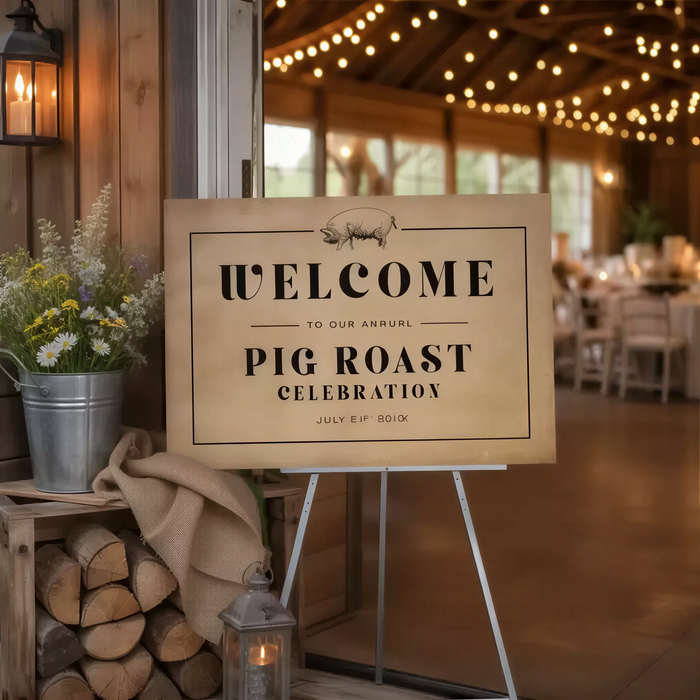 a wooden sign with a welcoming message for a pig roast celebration, placed in front of a rustic wooden structure with a lantern and flowers.