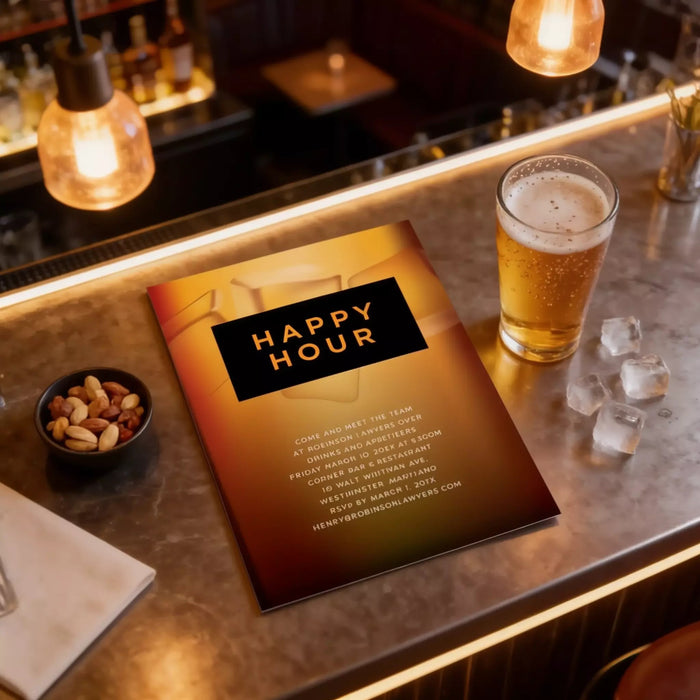 a menu for a happy hour event at a bar, with a glass of beer and a bowl of nuts on the counter.