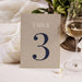 A table number 3 sign is placed on a table with a glass of wine and a potted plant in the background.