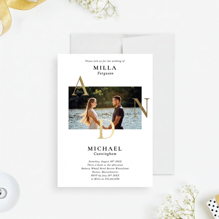The image is a wedding invitation featuring a couple standing together in front of a scenic background.