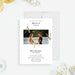 The image is a wedding invitation featuring a couple standing together in front of a scenic background.