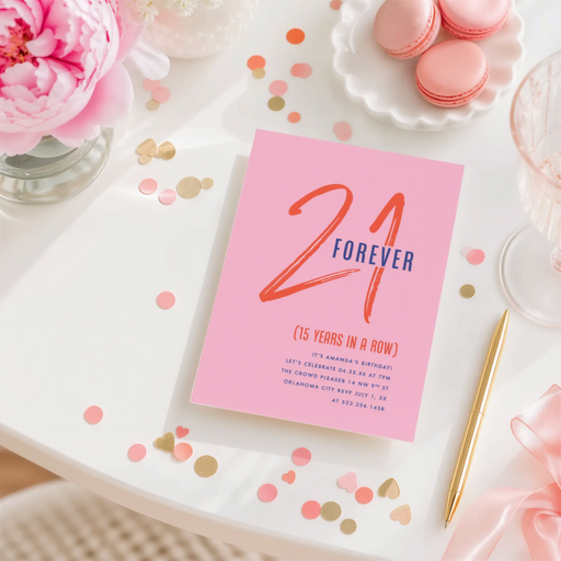 a pink invitation card with the number 21 on it, surrounded by pink flowers, confetti, and a glass of champagne.