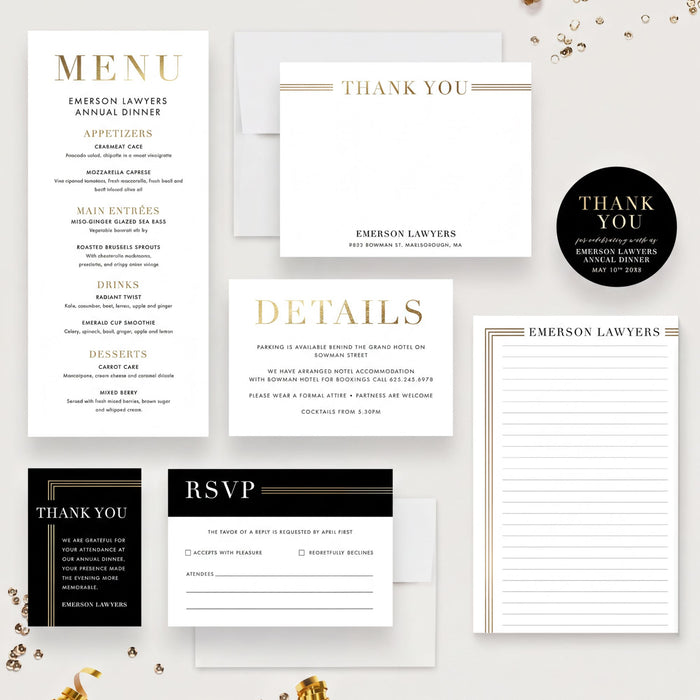 a collection of event materials, including a menu, thank you cards, and RSVP cards, all related to an Emerson Lawyers Annual Dinner.