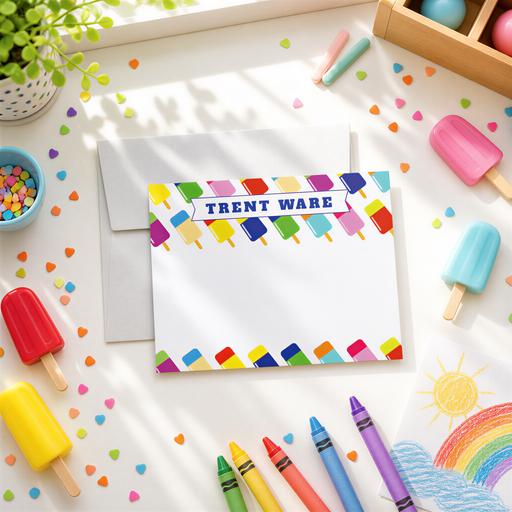 a variety of colorful items, including popsicle sticks, crayons, and a drawing of a rainbow, arranged on a white surface.