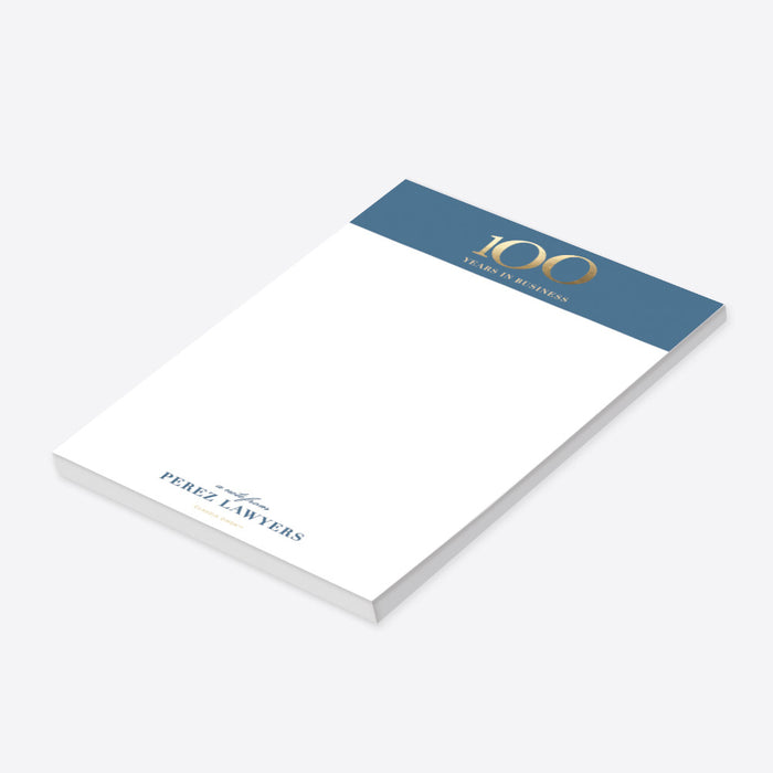 100 Years in Business Notepad in Dusty Blue and Gold, Elegant Stationery Party Favor for 100th Business Anniversary Party, Centennial Writing Paper for Professionals