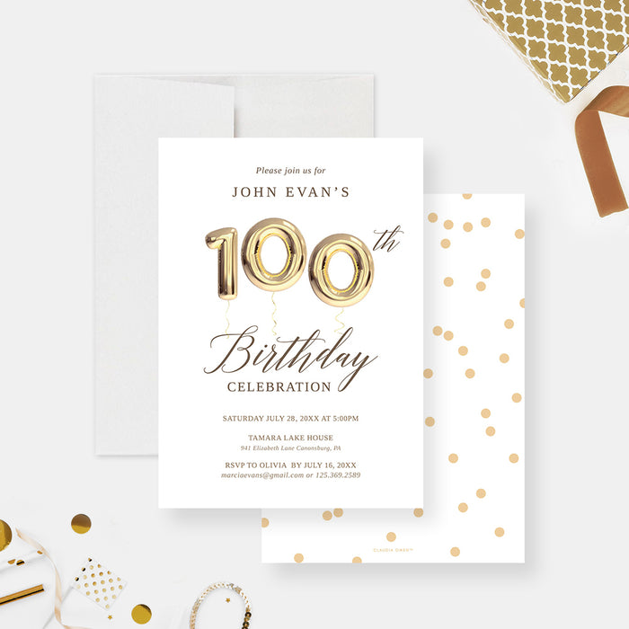 100th Birthday Party Invitations with Golden Balloons, 100th Business Anniversary Invites, Centenary Party Invitations, 100 Years