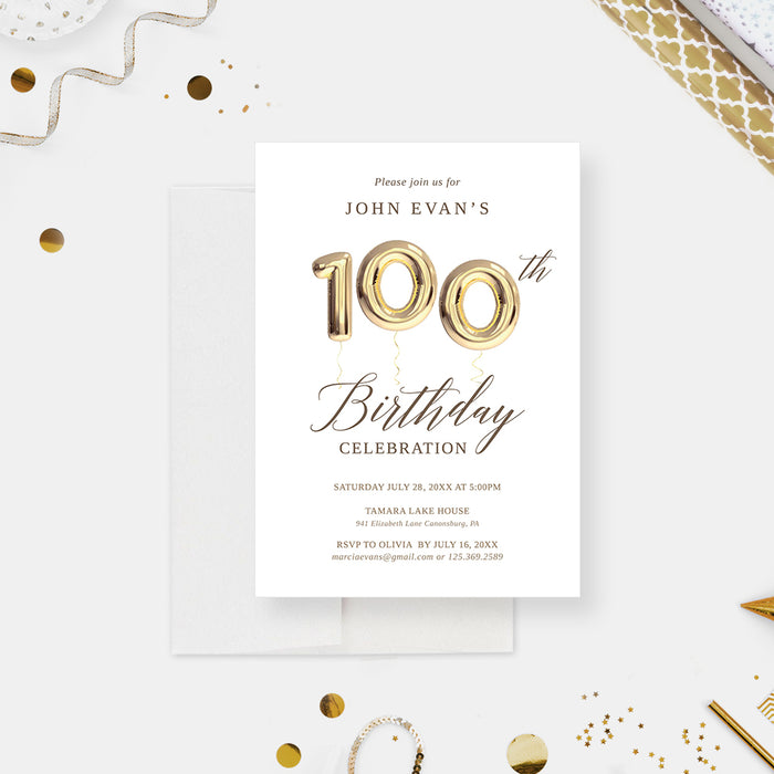 100th Birthday Party Invitations with Golden Balloons, 100th Business Anniversary Invites, Centenary Party Invitations, 100 Years