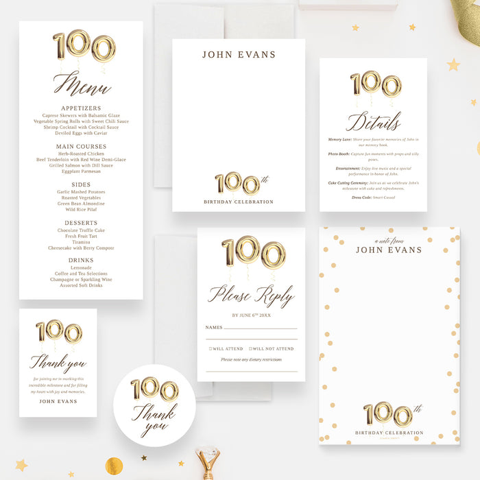 100th Birthday Party Invitations with Golden Balloons, 100th Business Anniversary Invites, Centenary Party Invitations, 100 Years