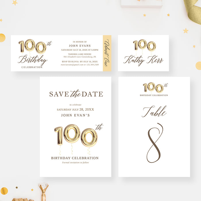 100th Birthday Party Invitations with Golden Balloons, 100th Business Anniversary Invites, Centenary Party Invitations, 100 Years