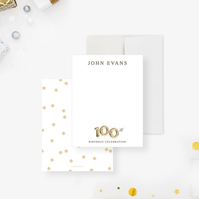 100th Birthday Note Card with Golden Balloons, Personalized Centenarian Thank You Card, 100 Years
