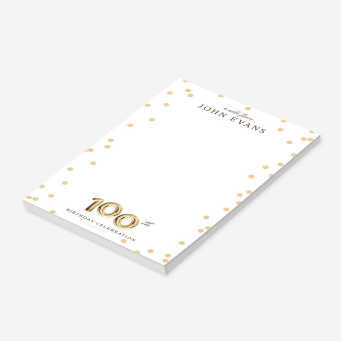 100th Birthday Notepad with Golden Balloons, Personalized Centenarian Stationery Party Favor, 100 Years, 100th Business Anniversary Writing Paper Pad
