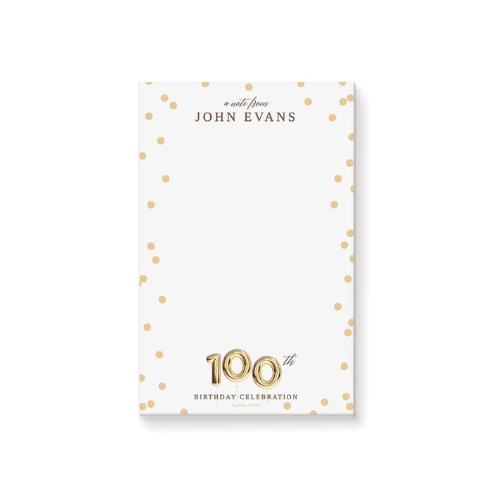 100th Birthday Notepad with Golden Balloons, Personalized Centenarian Stationery Party Favor, 100 Years, 100th Business Anniversary Writing Paper Pad