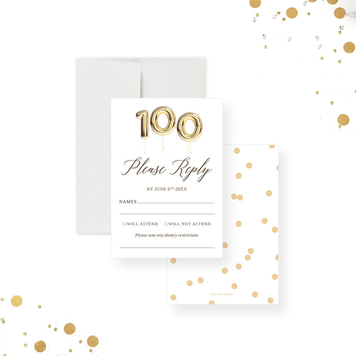 100th Birthday Party Invitations with Golden Balloons, 100th Business Anniversary Invites, Centenary Party Invitations, 100 Years